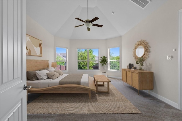 118 Bluehaw Dr, Georgetown, TX 78628 - bedroom featuring carpet, high vaulted ceiling, baseboards, and ceiling fan