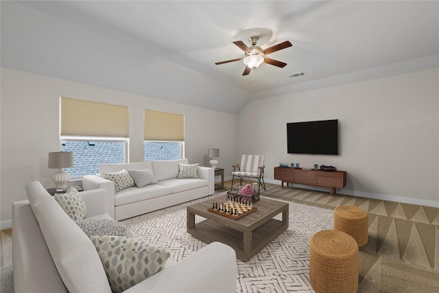 118 Bluehaw Dr, Georgetown, TX 78628 - living room featuring ceiling fan, baseboards, and vaulted ceiling