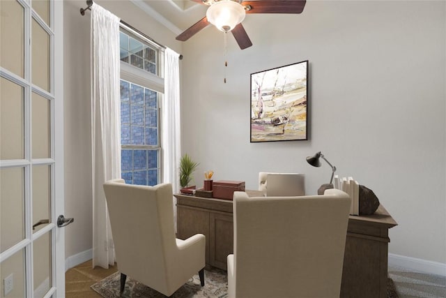 118 Bluehaw Dr, Georgetown, TX 78628 - carpeted office with a ceiling fan and baseboards