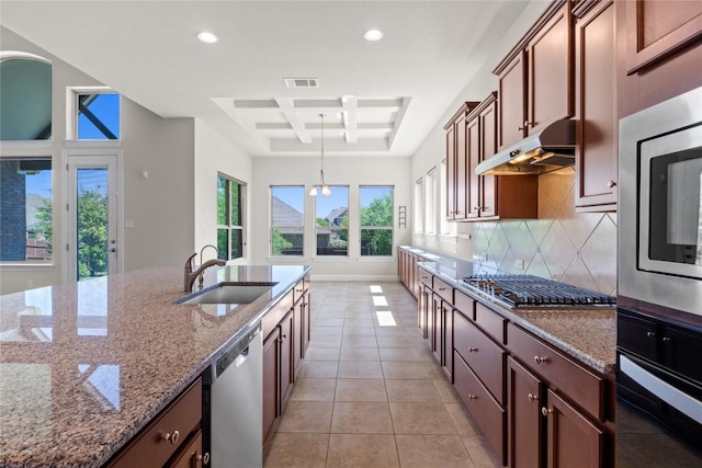 118 Bluehaw Dr, Georgetown, TX 78628 - kitchen with stainless steel appliances, a tray ceiling, under cabinet range hood, a sink, and backsplash