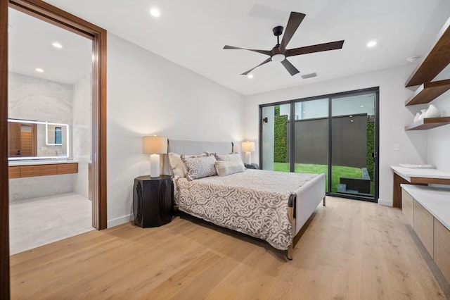 3500 Cactus Wren Way, Austin, TX 78746 - bedroom featuring access to exterior, light wood-style flooring, ensuite bathroom, recessed lighting, and ceiling fan