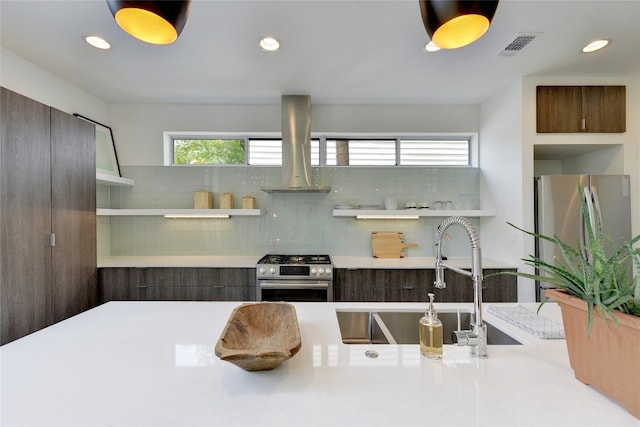2312 Enfield Rd Unit 2, Austin, TX 78703 - kitchen with stainless steel appliances, tasteful backsplash, island exhaust hood, a sink, and open shelves