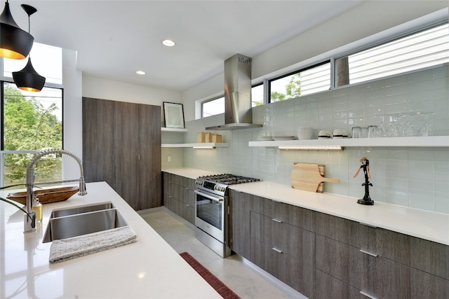 2312 Enfield Rd Unit 2, Austin, TX 78703 - kitchen featuring stainless steel gas range oven, open shelves, island exhaust hood, backsplash, and recessed lighting