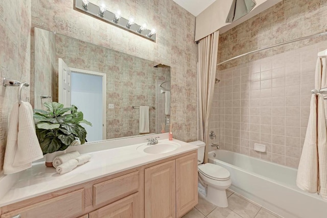 2709 Quiet Moon Trl, Cedar Park, TX 78613 - bathroom with shower / tub combo with curtain, tile patterned floors, toilet, vanity, and wallpapered walls