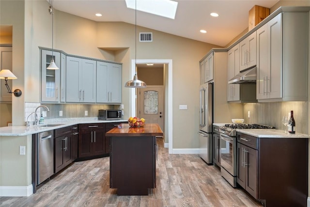 20000 Columbus Ln, Lago Vista, TX 78645 - kitchen with appliances with stainless steel finishes, under cabinet range hood, vaulted ceiling, a skylight, and decorative backsplash