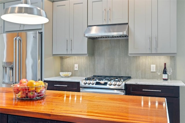 20000 Columbus Ln, Lago Vista, TX 78645 - kitchen featuring appliances with stainless steel finishes, range hood, butcher block counters, and backsplash