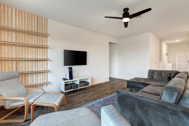 14209 Jeannette Rankin Rd, Manor, TX 78653 - living area featuring a ceiling fan and dark wood-style flooring
