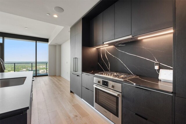 44 E Ave Unit 4302, Austin, TX 78701 - kitchen with appliances with stainless steel finishes, under cabinet range hood, decorative backsplash, light wood-type flooring, and modern cabinets