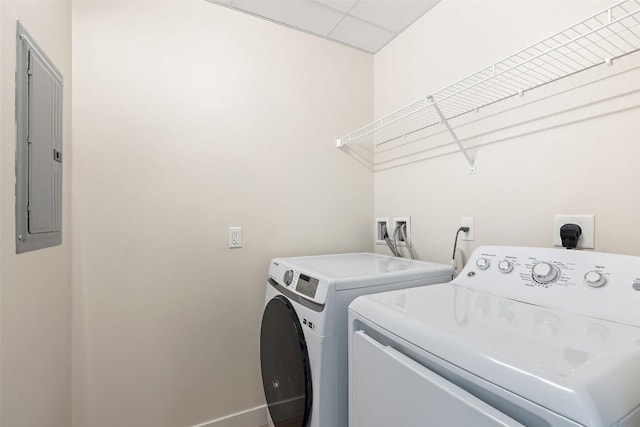 44 E Ave Unit 2307, Austin, TX 78701 - laundry area with electric panel, separate washer and dryer, and baseboards