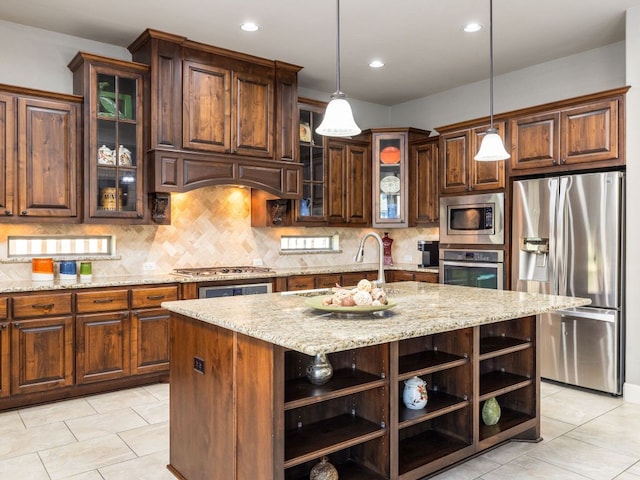 17012 Rush Pea Cir, Austin, TX 78738 - kitchen with stainless steel appliances, open shelves, a sink, light stone countertops, and recessed lighting