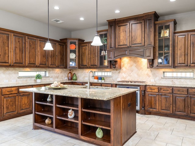 17012 Rush Pea Cir, Austin, TX 78738 - kitchen featuring open shelves, a sink, recessed lighting, wall oven, and pendant lighting