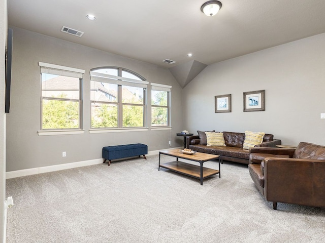 17012 Rush Pea Cir, Austin, TX 78738 - carpeted living room with baseboards, recessed lighting, and vaulted ceiling