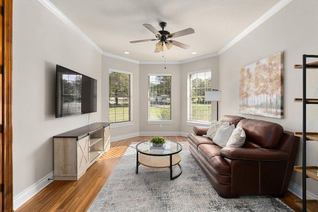 404 Oak Meadow Dr, Georgetown, TX 78628 - living area featuring wood finished floors, a ceiling fan, crown molding, and recessed lighting
