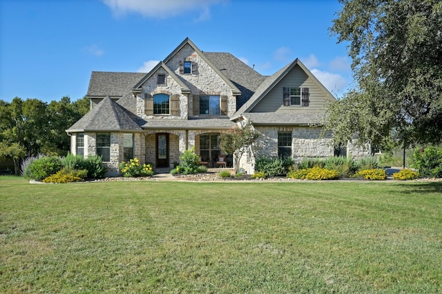 404 Oak Meadow Dr, Georgetown, TX 78628 - french country style house with stone siding, a front yard, and roof with shingles