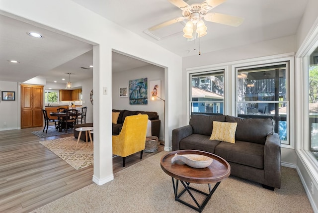 1707 Aztec Trl, Kingsland, TX 78639 - living room with recessed lighting, baseboards, light wood-type flooring, and ceiling fan