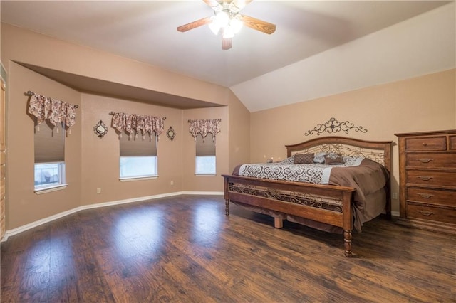 159 Klbj Rd, Smithville, TX 78957 - bedroom featuring dark wood finished floors, ceiling fan, and vaulted ceiling