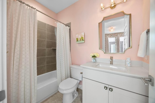 bathroom with toilet, vanity, and shower / bath combo with shower curtain