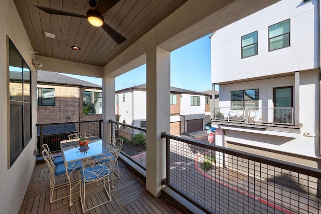 deck featuring ceiling fan and a residential view