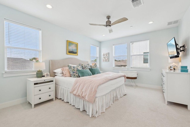 3901 Vantage Dr, Austin, TX 78731 - bedroom with light colored carpet, baseboards, a ceiling fan, and recessed lighting