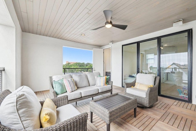 3901 Vantage Dr, Austin, TX 78731 - living area featuring wooden ceiling, a ceiling fan, and healthy amount of natural light