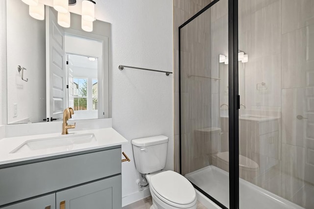 full bathroom featuring toilet, a stall shower, and vanity