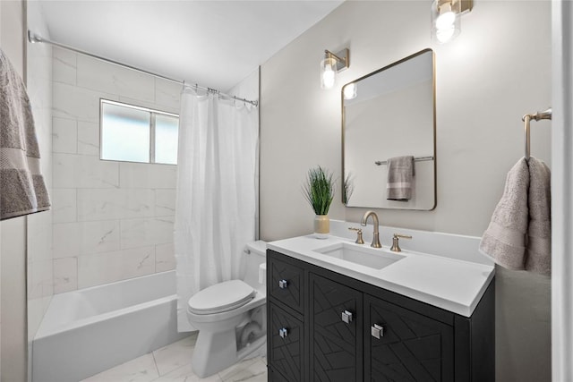 12324 Havelock Dr, Austin, TX 78759 - full bath with marble look tile flooring, vanity, and shower / tub combo with curtain