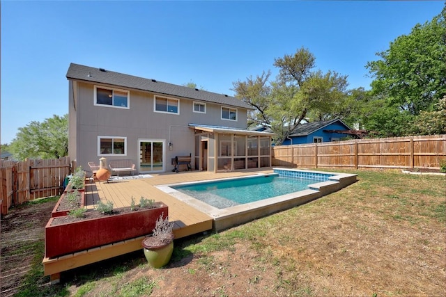 12324 Havelock Dr, Austin, TX 78759 - view of pool featuring a sunroom, a fenced backyard, and a wooden deck