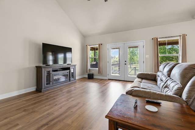 125 Brahman Ct, Bastrop, TX 78602 - living room featuring french doors, wood finished floors, baseboards, a fireplace, and high vaulted ceiling