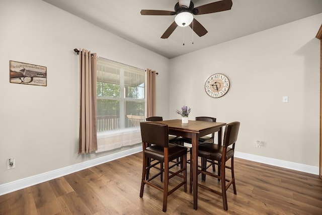 125 Brahman Ct, Bastrop, TX 78602 - dining space with dark wood finished floors, baseboards, and ceiling fan