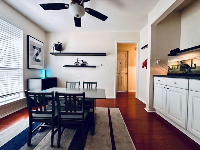 16903 Isle Of Man Rd, Pflugerville, TX 78660 - dining area with baseboards, dark wood-type flooring, and a ceiling fan
