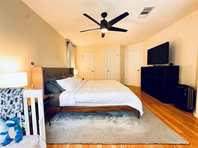 16903 Isle Of Man Rd, Pflugerville, TX 78660 - bedroom with wood finished floors, a ceiling fan, and multiple closets