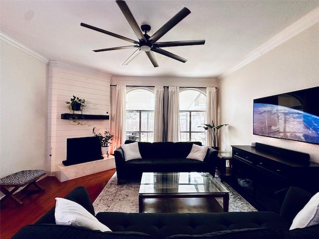 16903 Isle Of Man Rd, Pflugerville, TX 78660 - living area with wood finished floors, crown molding, a ceiling fan, and a large fireplace