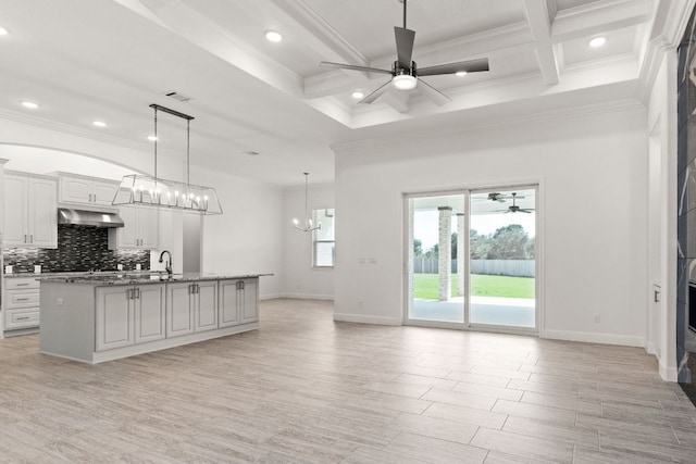 112 Vista De Luna Ln, Belton, TX 76513 - kitchen featuring a ceiling fan, ornamental molding, under cabinet range hood, decorative backsplash, and a chandelier