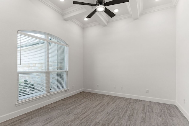 112 Vista De Luna Ln, Belton, TX 76513 - empty room with ornamental molding, wood finished floors, beam ceiling, ceiling fan, and coffered ceiling