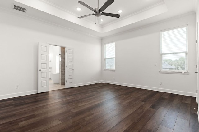 112 Vista De Luna Ln, Belton, TX 76513 - unfurnished room featuring ceiling fan, crown molding, a tray ceiling, dark wood-style floors, and recessed lighting