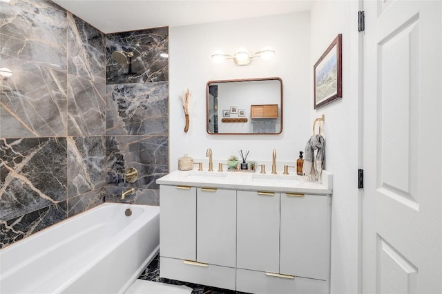 1616 Webberville Rd Unit A, Austin, TX 78721 - full bath with double vanity, shower / tub combination, and marble look tile flooring