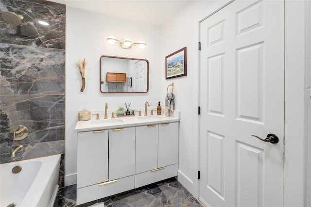 1616 Webberville Rd Unit A, Austin, TX 78721 - bathroom featuring marble look tile flooring, double vanity, a tub, and a shower