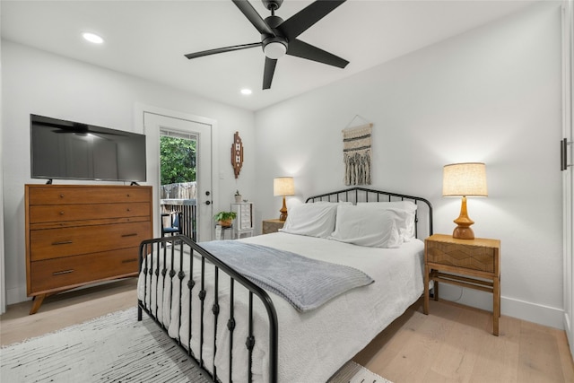 1616 Webberville Rd Unit A, Austin, TX 78721 - bedroom with light wood-type flooring, access to exterior, recessed lighting, and ceiling fan