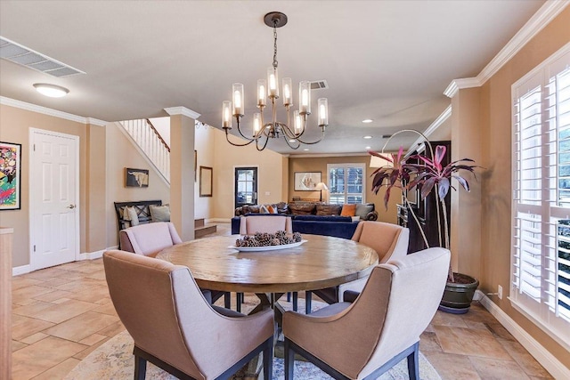 8007 Davis Mountain Cv, Austin, TX 78726 - dining room featuring crown molding, stairs, and a chandelier