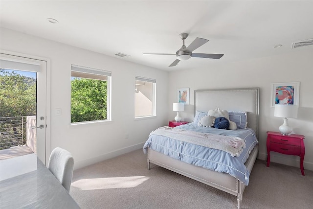 7 Rocky River Cv, West Lake Hills, TX 78746 - carpeted bedroom featuring visible vents, baseboards, access to outside, and a ceiling fan