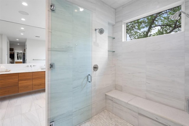 7 Rocky River Cv, West Lake Hills, TX 78746 - bathroom with recessed lighting, a stall shower, and vanity
