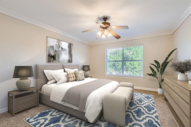 8404 Cahill Dr, Austin, TX 78729 - bedroom with light carpet, baseboards, ornamental molding, and a ceiling fan