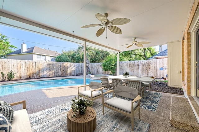 8404 Cahill Dr, Austin, TX 78729 - view of pool with a fenced backyard, a ceiling fan, outdoor dining area, and a patio area