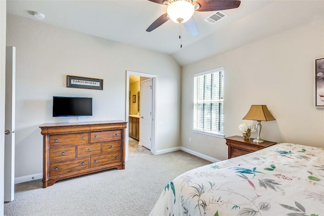 4829 Pyrenees Pass, Austin, TX 78738 - bedroom featuring light colored carpet, ensuite bath, lofted ceiling, and ceiling fan