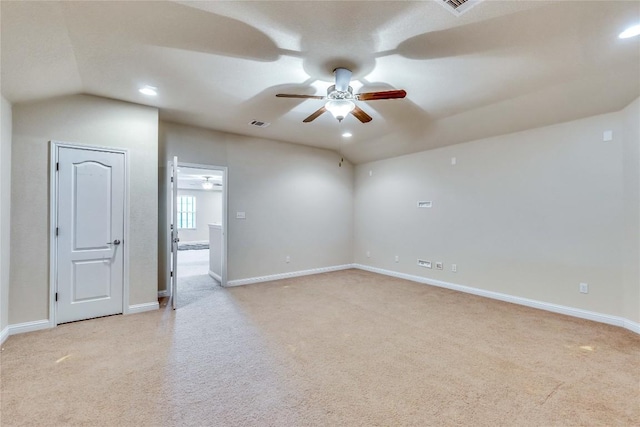 4829 Pyrenees Pass, Austin, TX 78738 - empty room with ceiling fan, light colored carpet, lofted ceiling, and recessed lighting