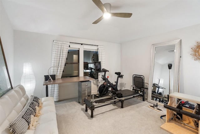 exercise area featuring carpet flooring and ceiling fan
