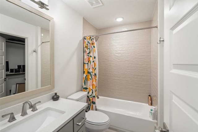 full bath with toilet, visible vents, shower / bathtub combination with curtain, and vanity