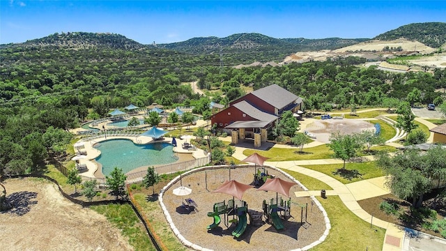 bird's eye view with a mountain view