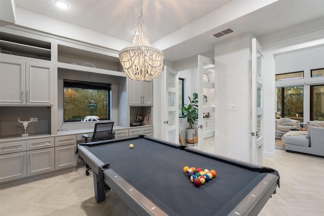 game room with visible vents, recessed lighting, french doors, billiards, and a notable chandelier