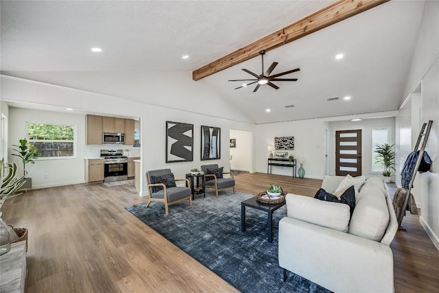 12305 Rustic Manor Ct, Austin, TX 78750 - living room with ceiling fan, light wood finished floors, and recessed lighting